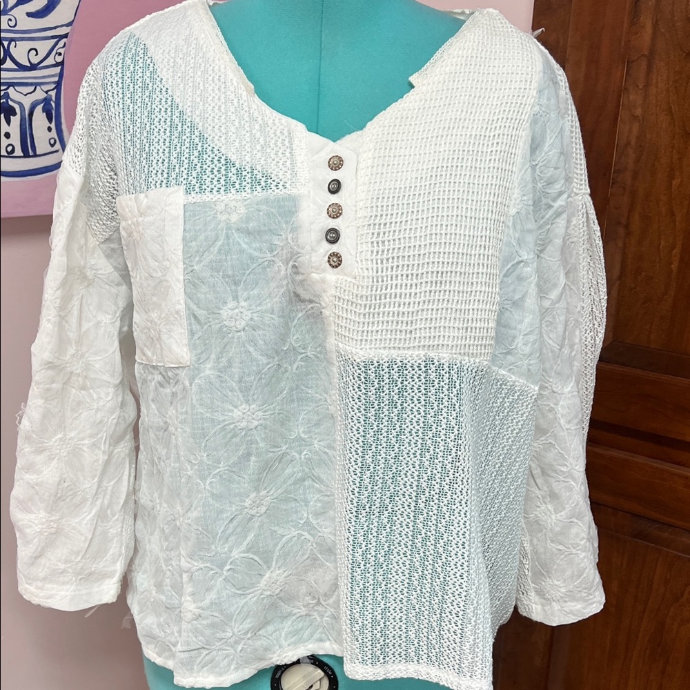 POL White Mixed-Panel Button Henley Tunic